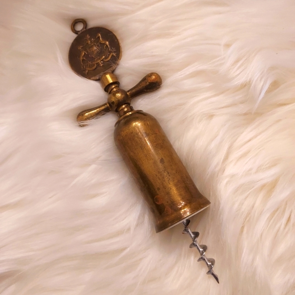 Vintage Twist Brass Honor Crest Medallion  Coin Corkscrew.
